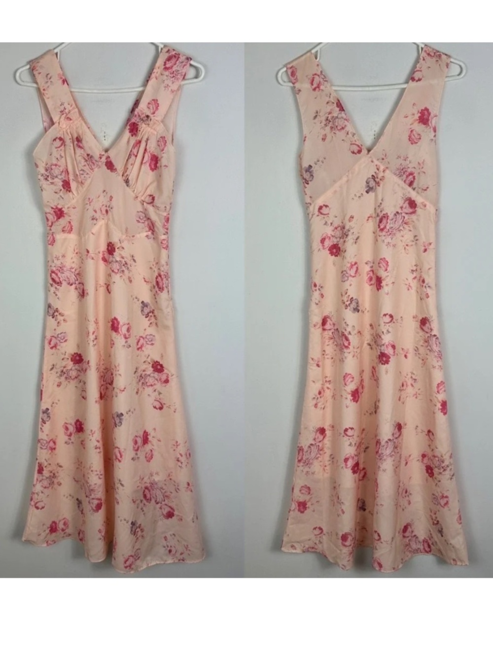 Pink Floral Maxi Dress Womens Size XS V-Neckline‎ Y2K Bohemian Romantic Lined